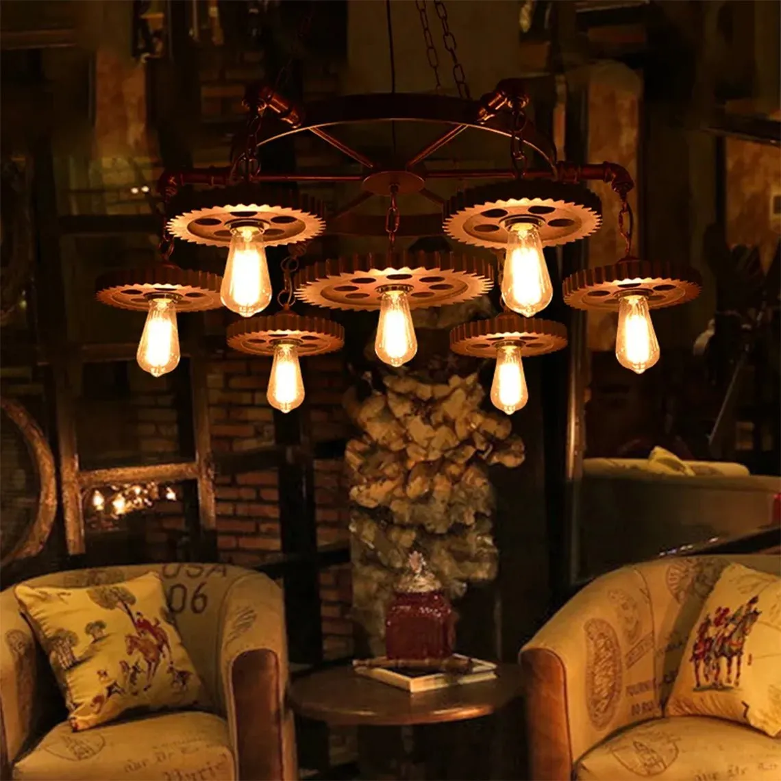 Industrial Retro Style Gear 7 Light Rustic Chandelier for Farmhouses and Restaurants