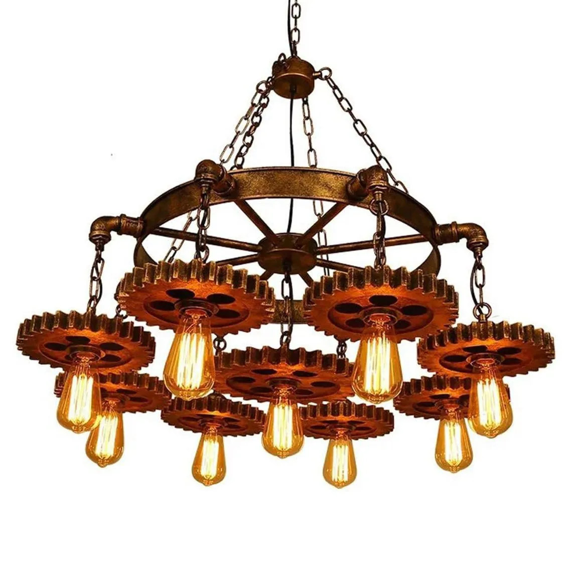 Industrial Retro Style Gear 7 Light Rustic Chandelier for Farmhouses and Restaurants