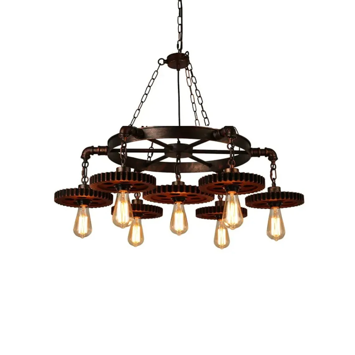 Industrial Retro Style Gear 7 Light Rustic Chandelier for Farmhouses and Restaurants