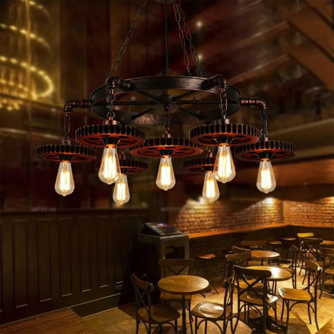 Industrial Retro Style Gear 7 Light Rustic Chandelier for Farmhouses and Restaurants