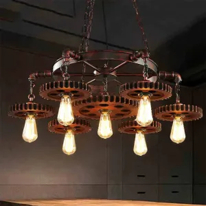 Industrial Retro Style Gear 7 Light Rustic Chandelier for Farmhouses and Restaurants