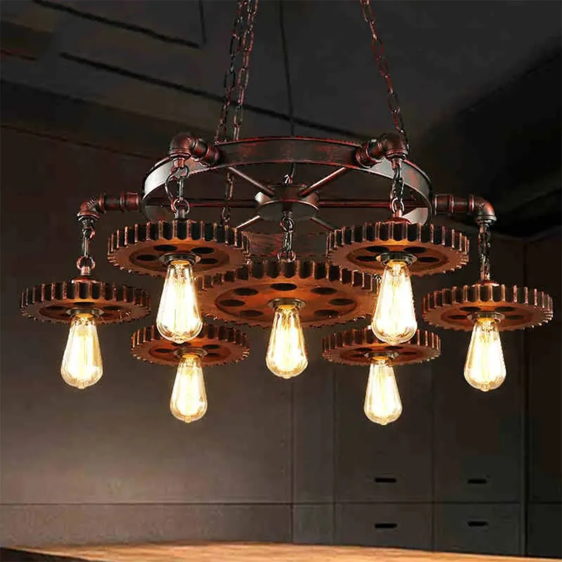 Industrial Retro Style Gear 7 Light Rustic Chandelier for Farmhouses and Restaurants