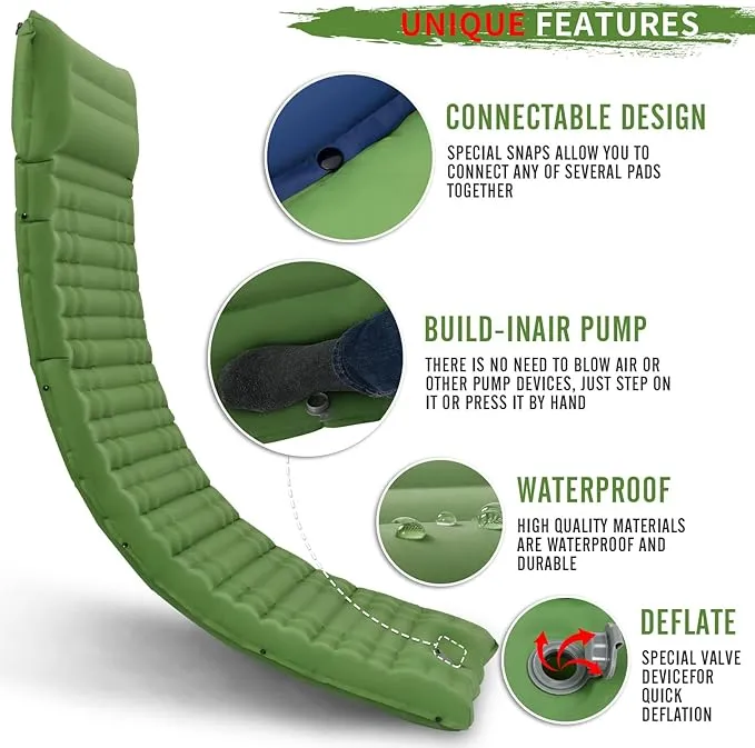 Inflating Sleeping Pad for Camping.LORPECT 4.5 in Thick Sleeping Mat .Compact Waterproof Camping Air Mattress with Pillow.Foot Pressure Inflatable Camping Pads for Backpacking & Hiking. (Green 1)