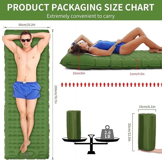 Inflating Sleeping Pad for Camping.LORPECT 4.5 in Thick Sleeping Mat .Compact Waterproof Camping Air Mattress with Pillow.Foot Pressure Inflatable Camping Pads for Backpacking & Hiking. (Green 1)