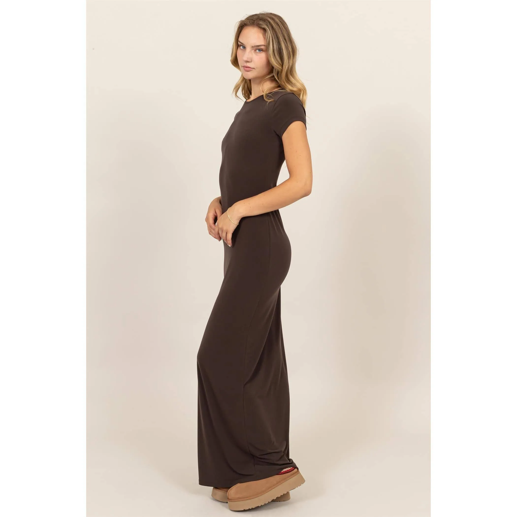 JERSEY SHORT SLEEVE BODYCON MAXI DRESS