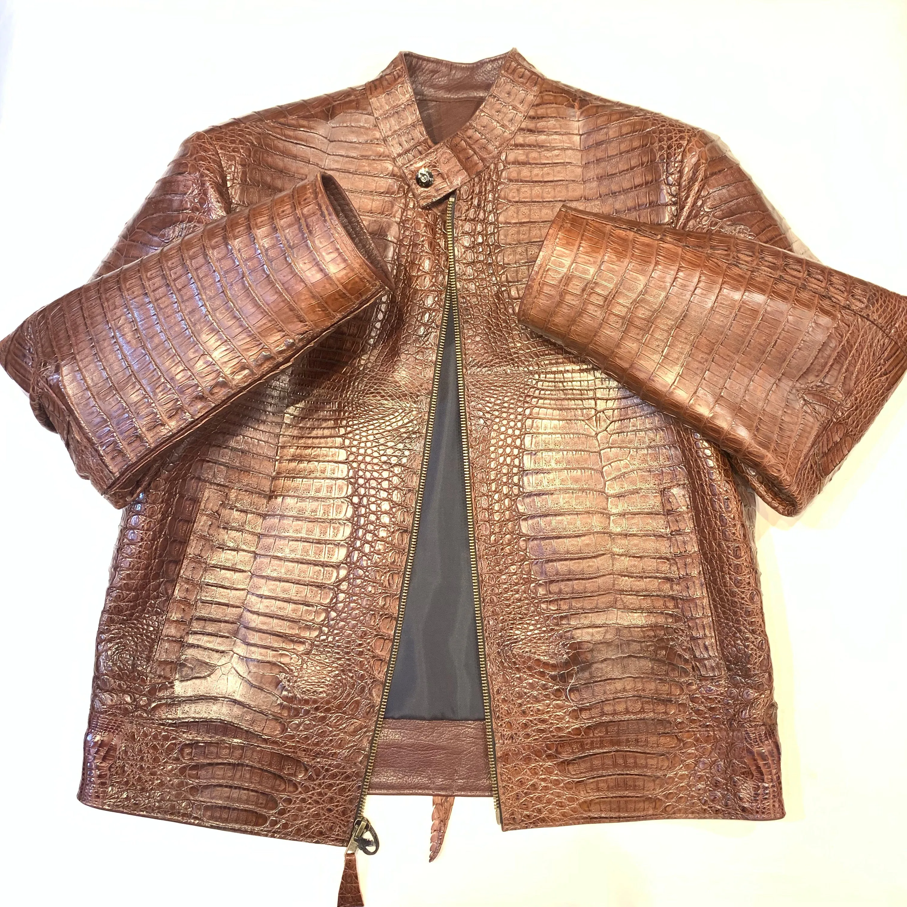 Kashani Men's Choclate All-Over Alligator Skin Bomber Jacket