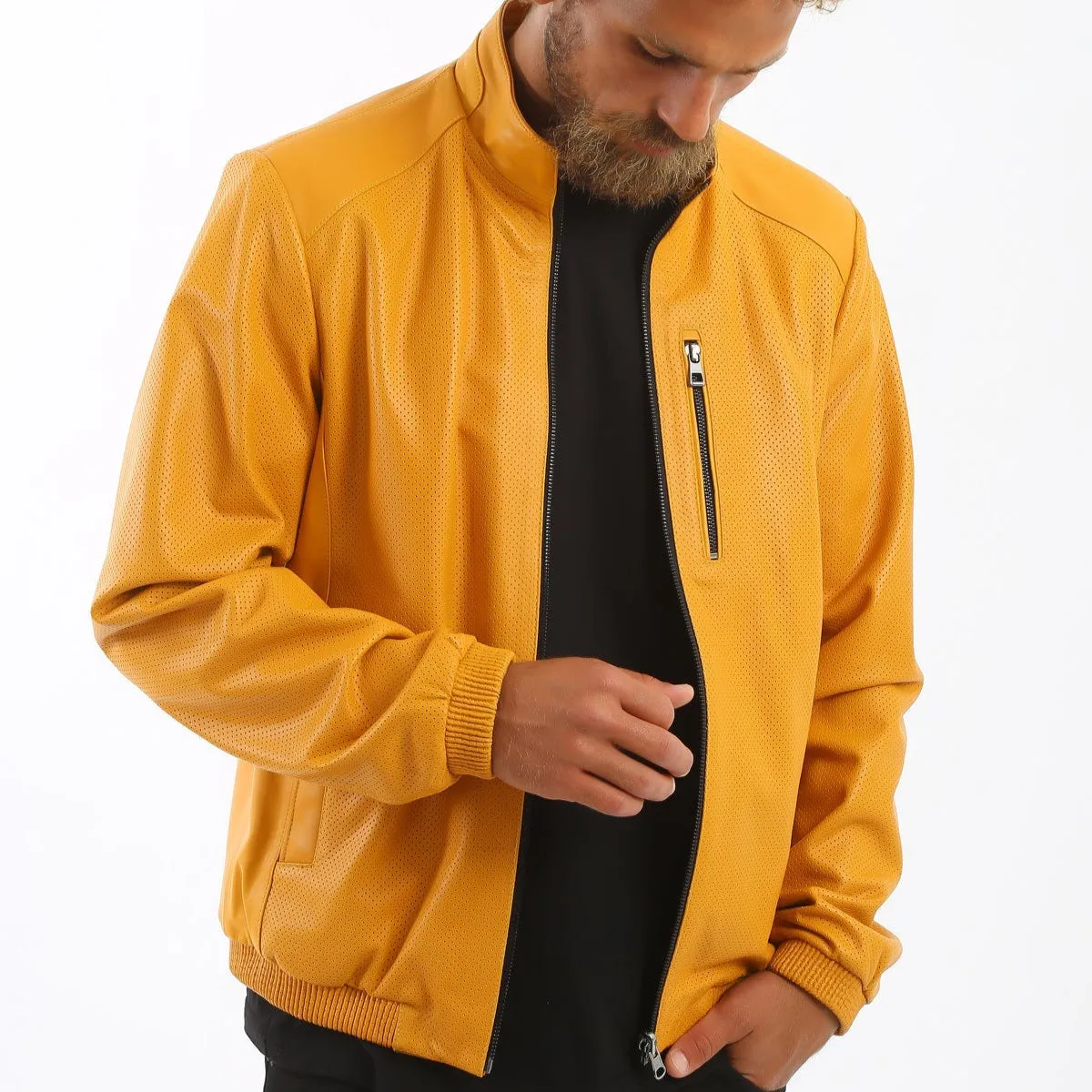 Kashani Men's Mustard Yellow Perforated Leather Reversible Bomber Jacket