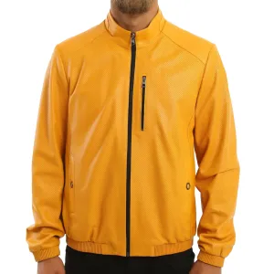 Kashani Men's Mustard Yellow Perforated Leather Reversible Bomber Jacket