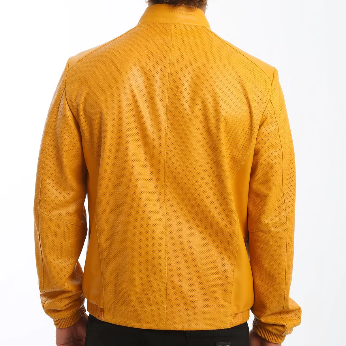 Kashani Men's Mustard Yellow Perforated Leather Reversible Bomber Jacket