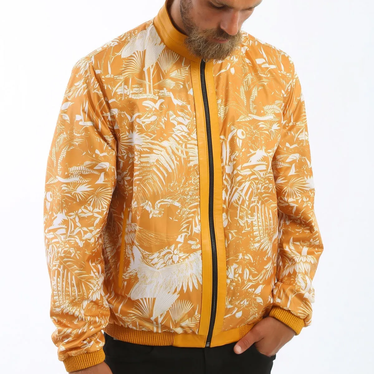 Kashani Men's Mustard Yellow Perforated Leather Reversible Bomber Jacket