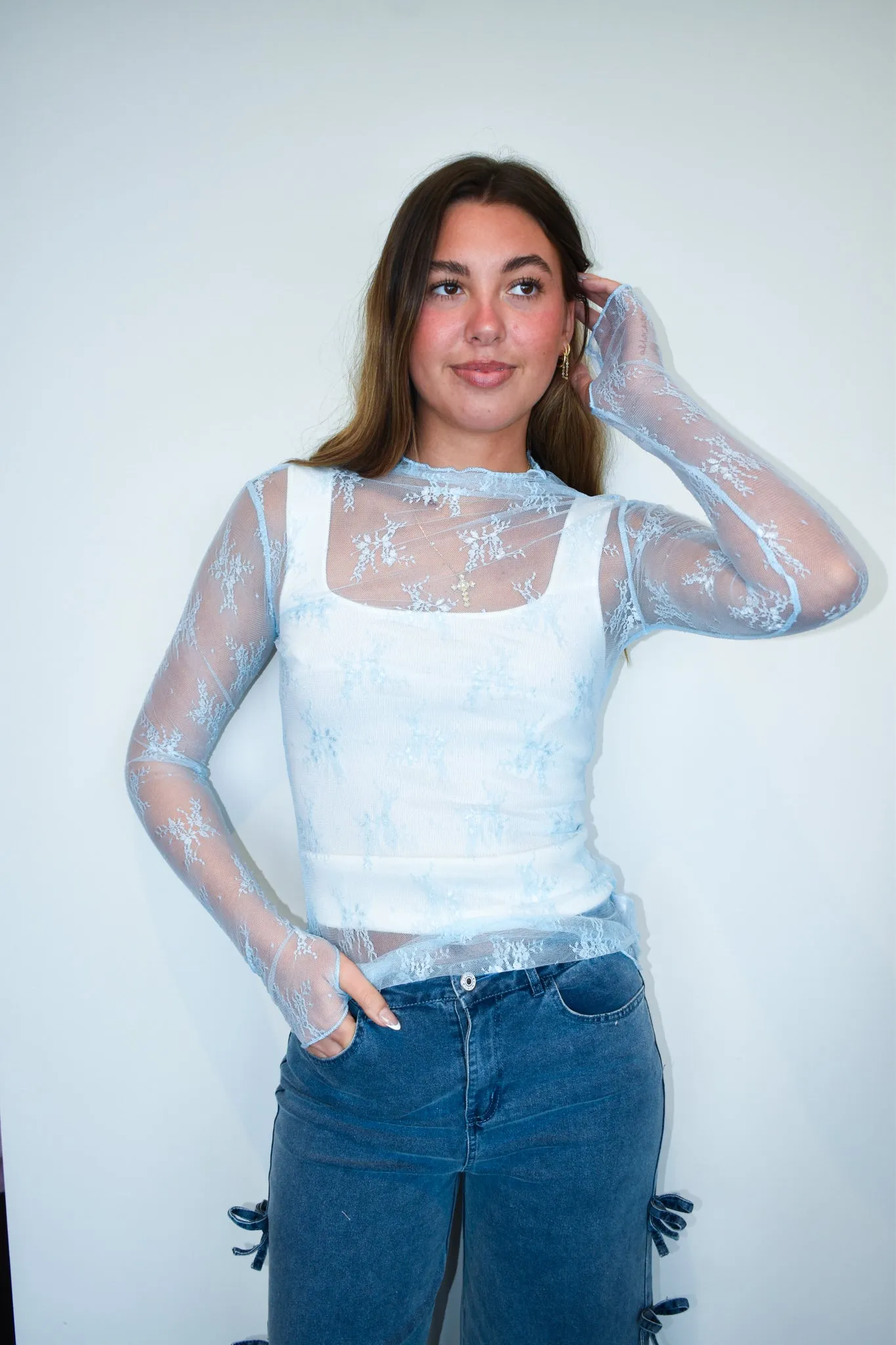 Lace Long Sleeve Layering Top- Blue
