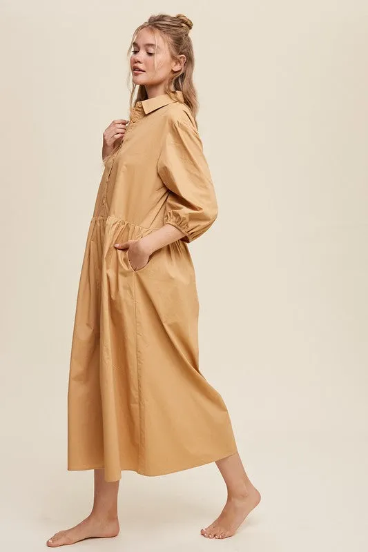 Listicle Button Front Puff Sleeve Babydoll Maxi Dress