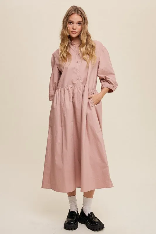 Listicle Button Front Puff Sleeve Babydoll Maxi Dress
