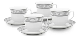 Luxurious Porcelain Tea Set - 8 Piece Vintage Tea Party Set - White with Silver Greek Key Design - 5.5 Inch Saucers, 6.5 oz Cups - For Every Day Use or Formal Occasions (Meander Silver 3008, 8 Piece)