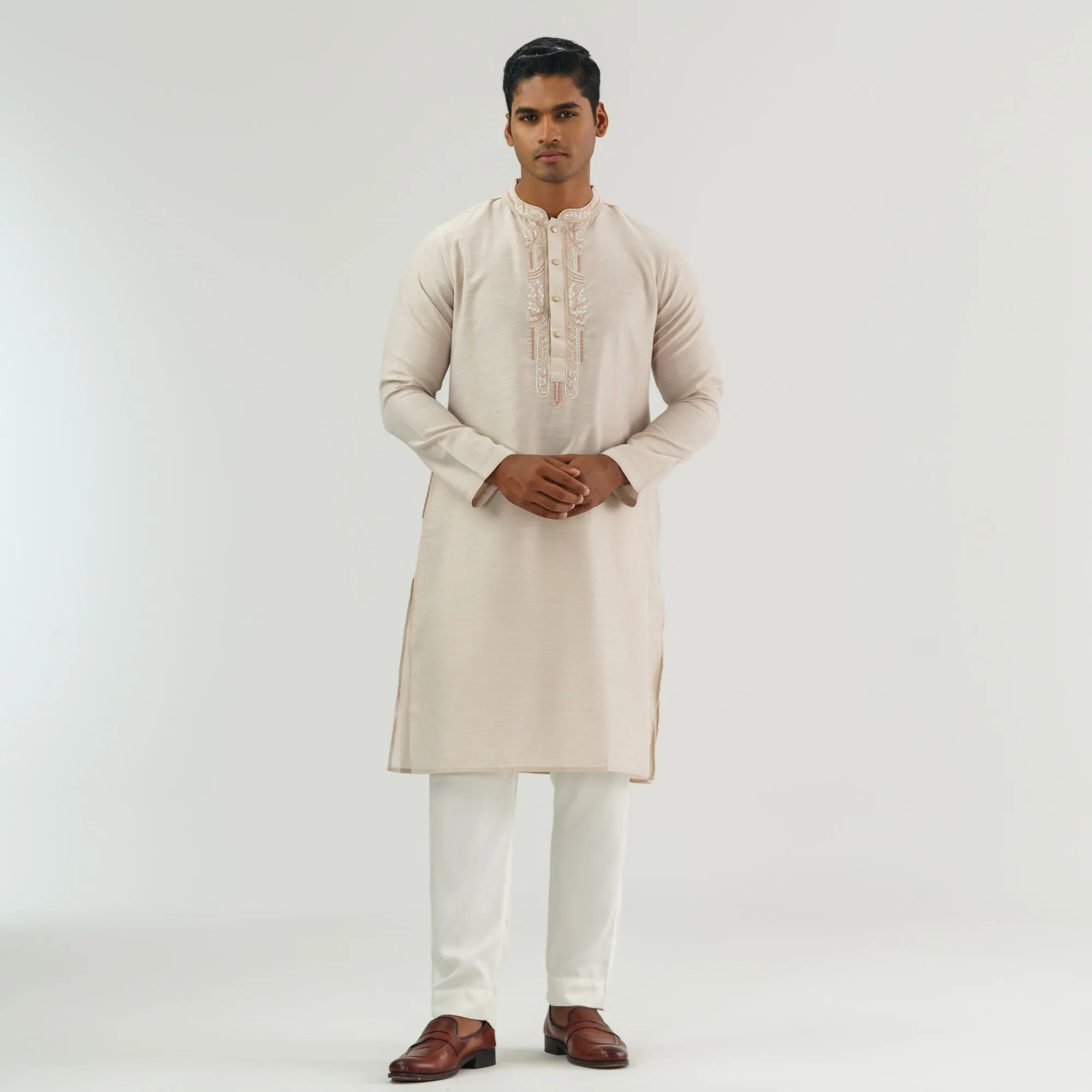 Mens Beige Embroidered Panjabi