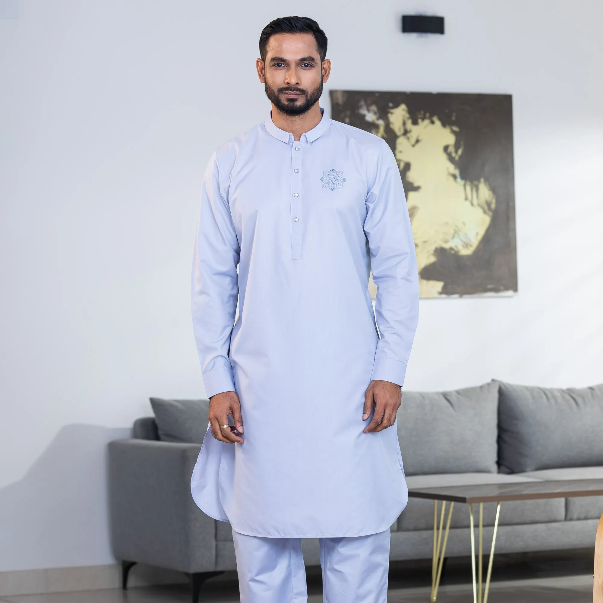 Mens Light-Blue Embroidery Kabli Set