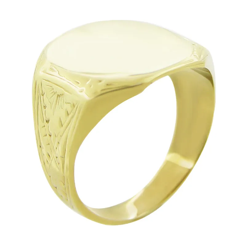 Mens Victorian Rectangular Sunburst Engraved Signet Ring in 14K Yellow Gold