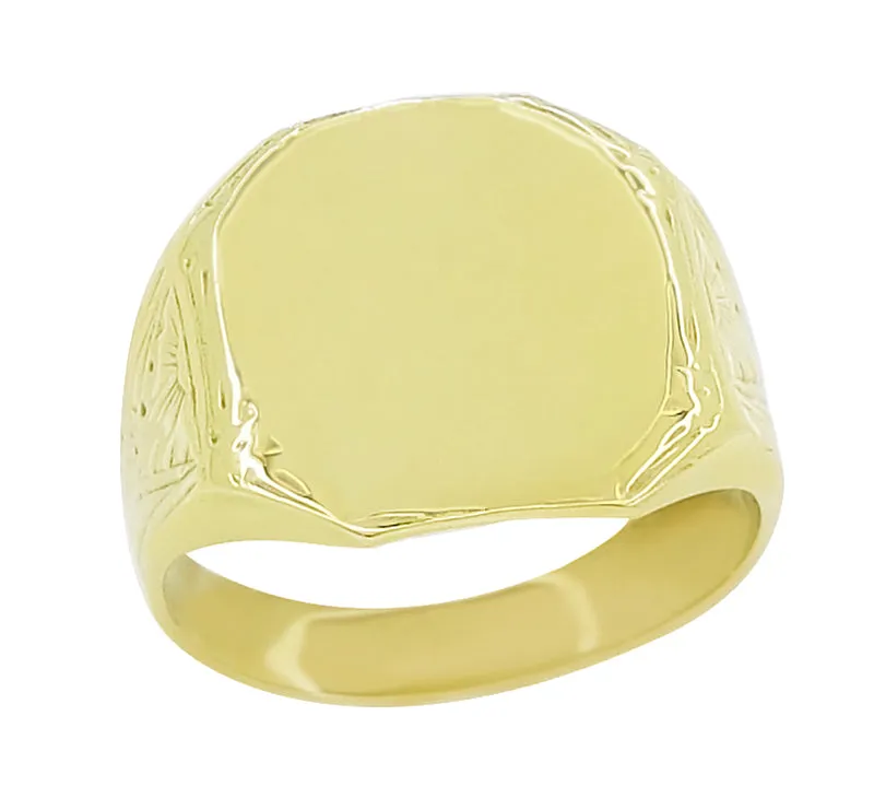 Mens Victorian Rectangular Sunburst Engraved Signet Ring in 14K Yellow Gold
