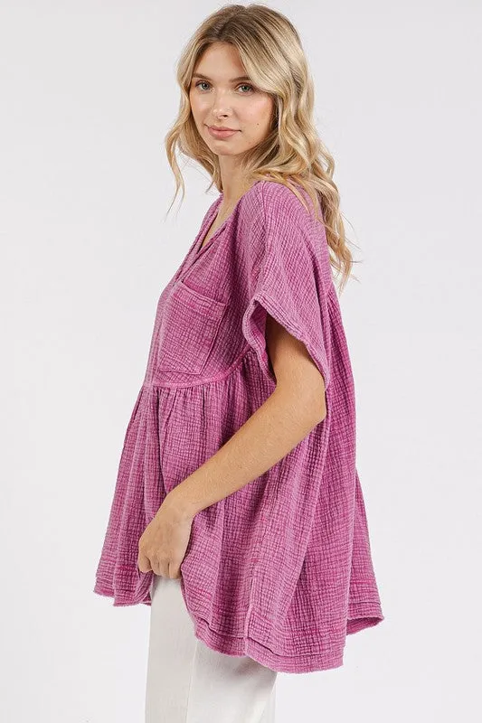 Mineral Wash Gauze Babydoll V-Neck Oversized Blouse