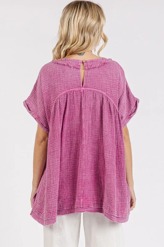 Mineral Wash Gauze Babydoll V-Neck Oversized Blouse