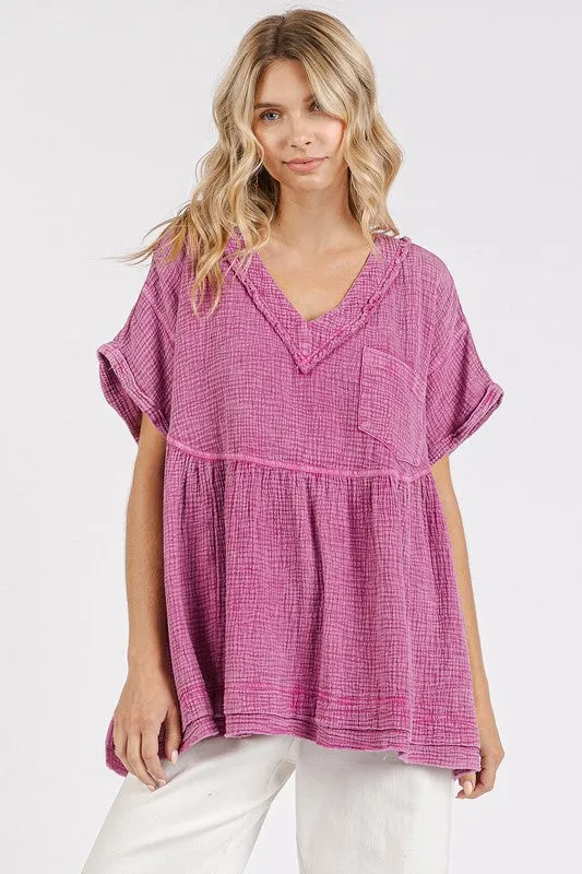 Mineral Wash Gauze Babydoll V-Neck Oversized Blouse