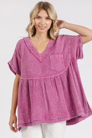 Mineral Wash Gauze Babydoll V-Neck Oversized Blouse