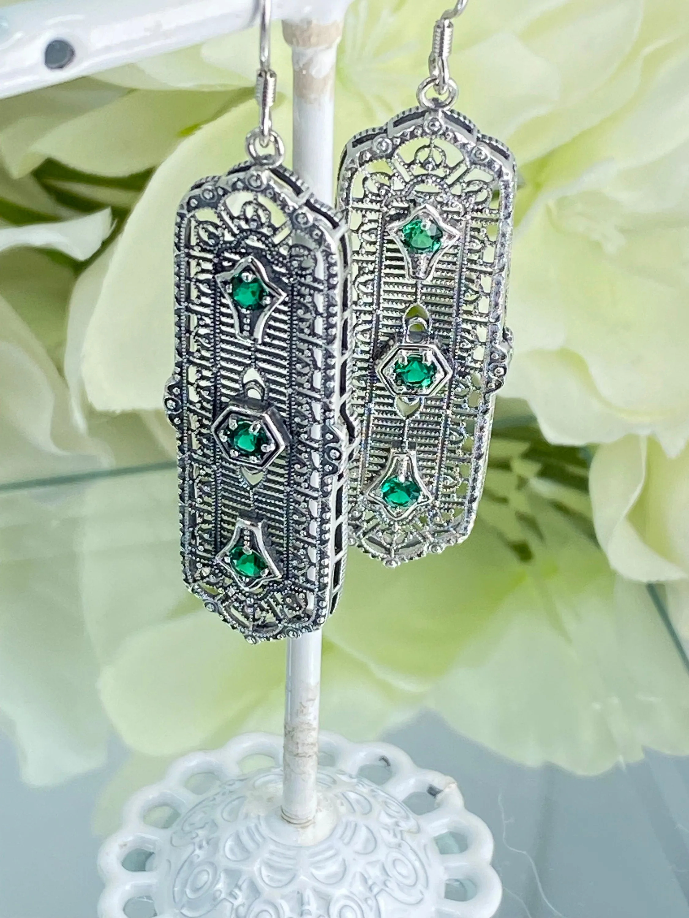 Natural Emerald Earrings, Edwardian Filigree, 3-Kings Earrings E197 - Ready to Ship