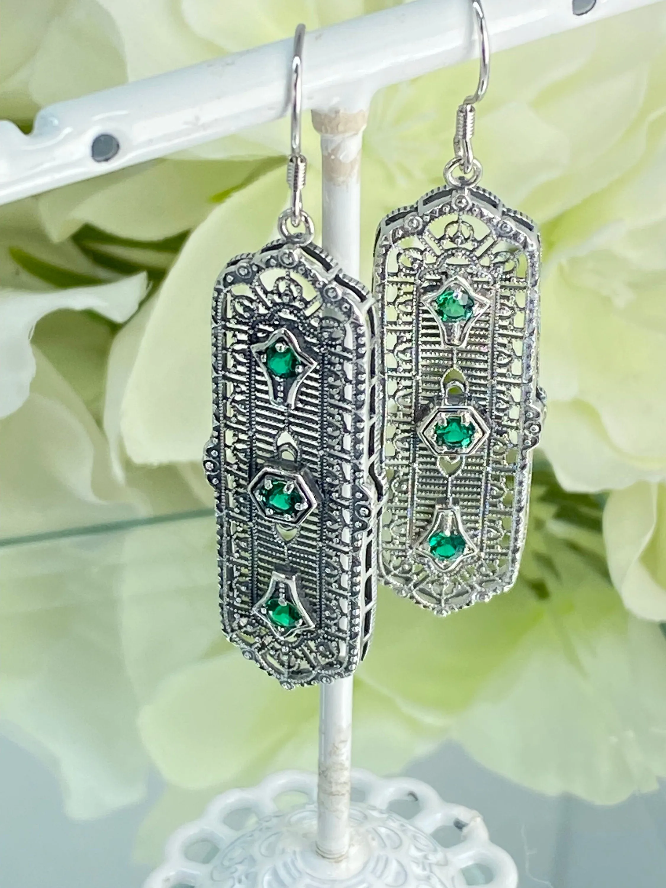 Natural Emerald Earrings, Edwardian Filigree, 3-Kings Earrings E197 - Ready to Ship