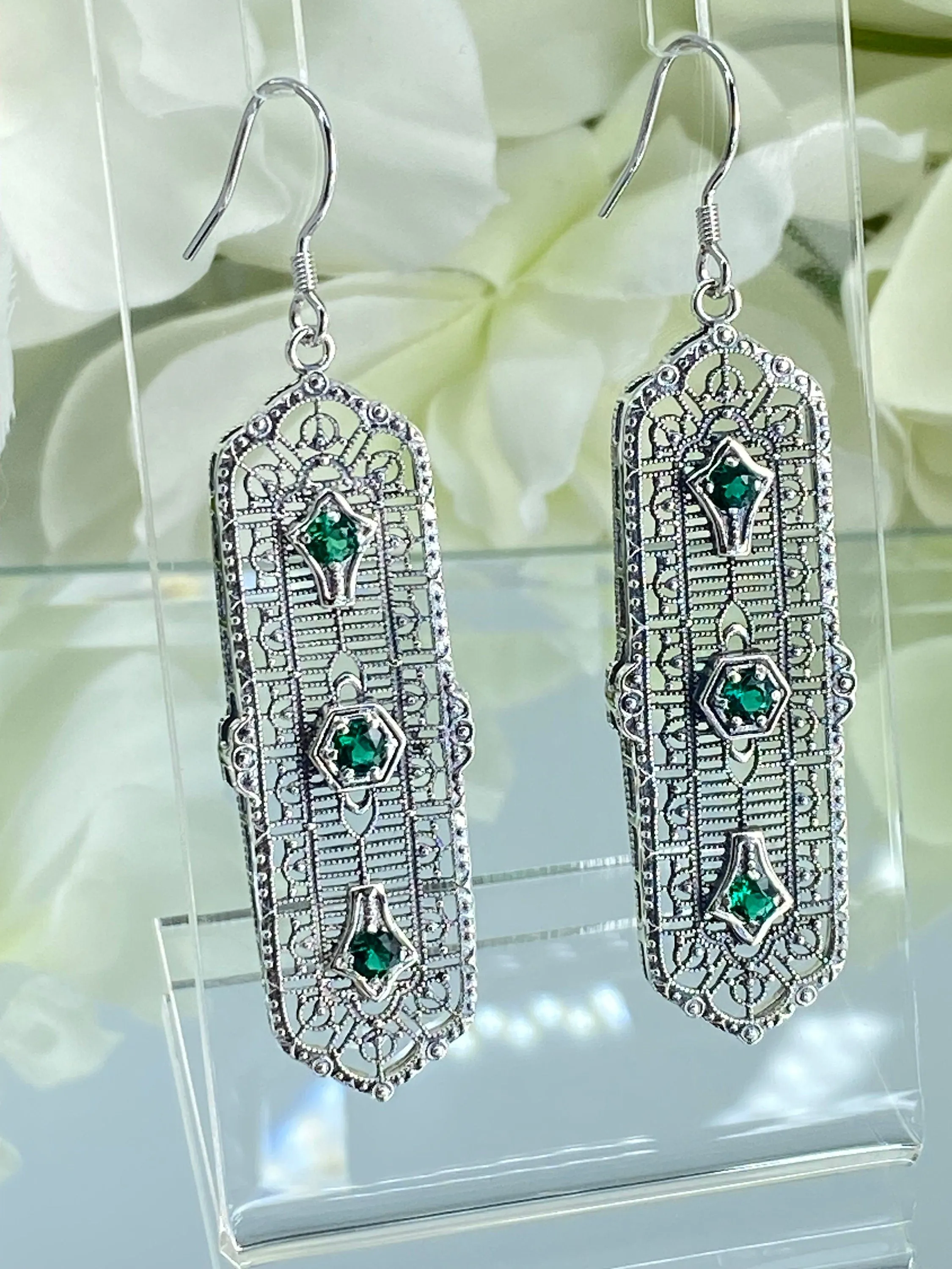 Natural Emerald Earrings, Edwardian Filigree, 3-Kings Earrings E197 - Ready to Ship