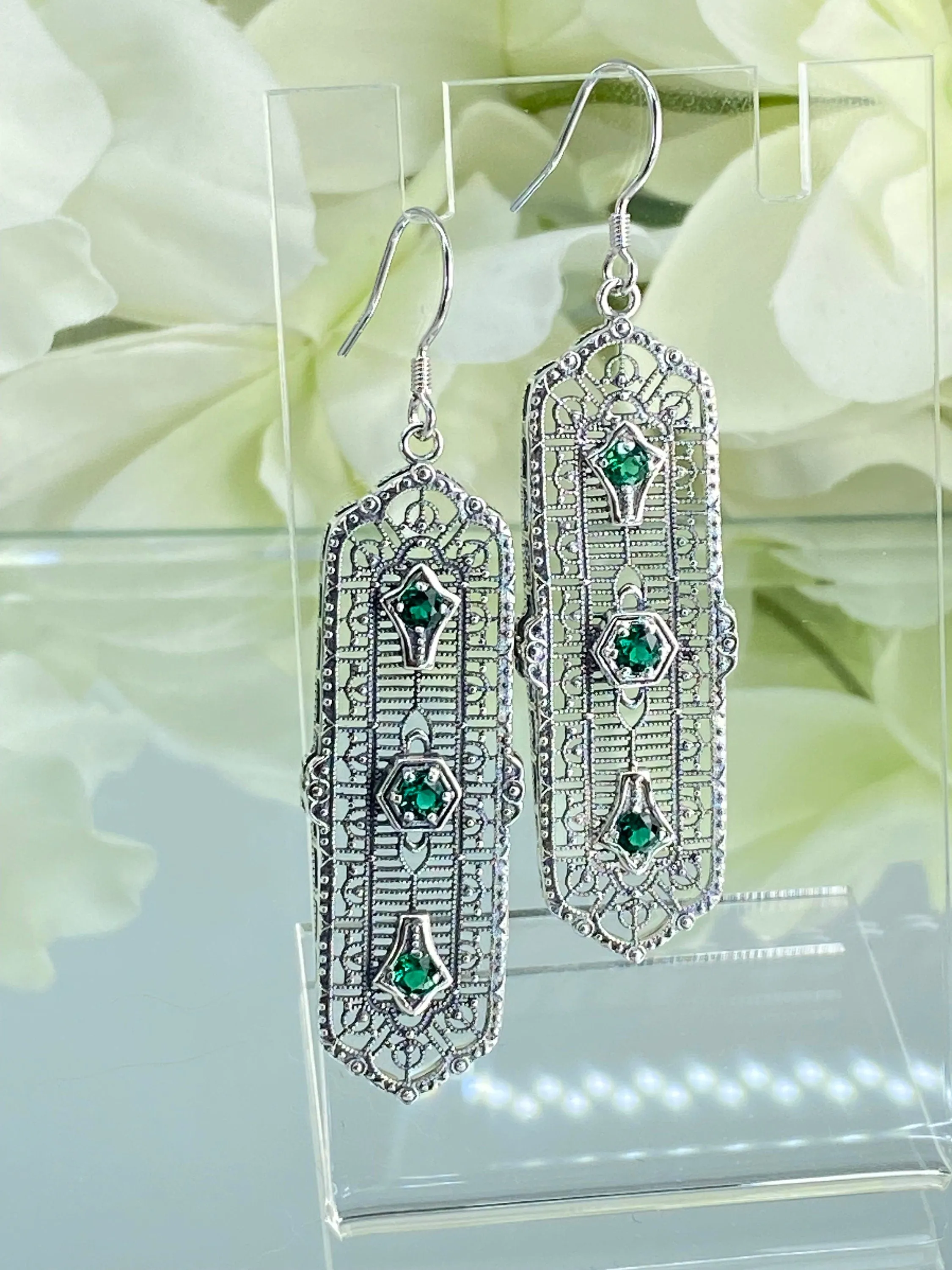 Natural Emerald Earrings, Edwardian Filigree, 3-Kings Earrings E197 - Ready to Ship