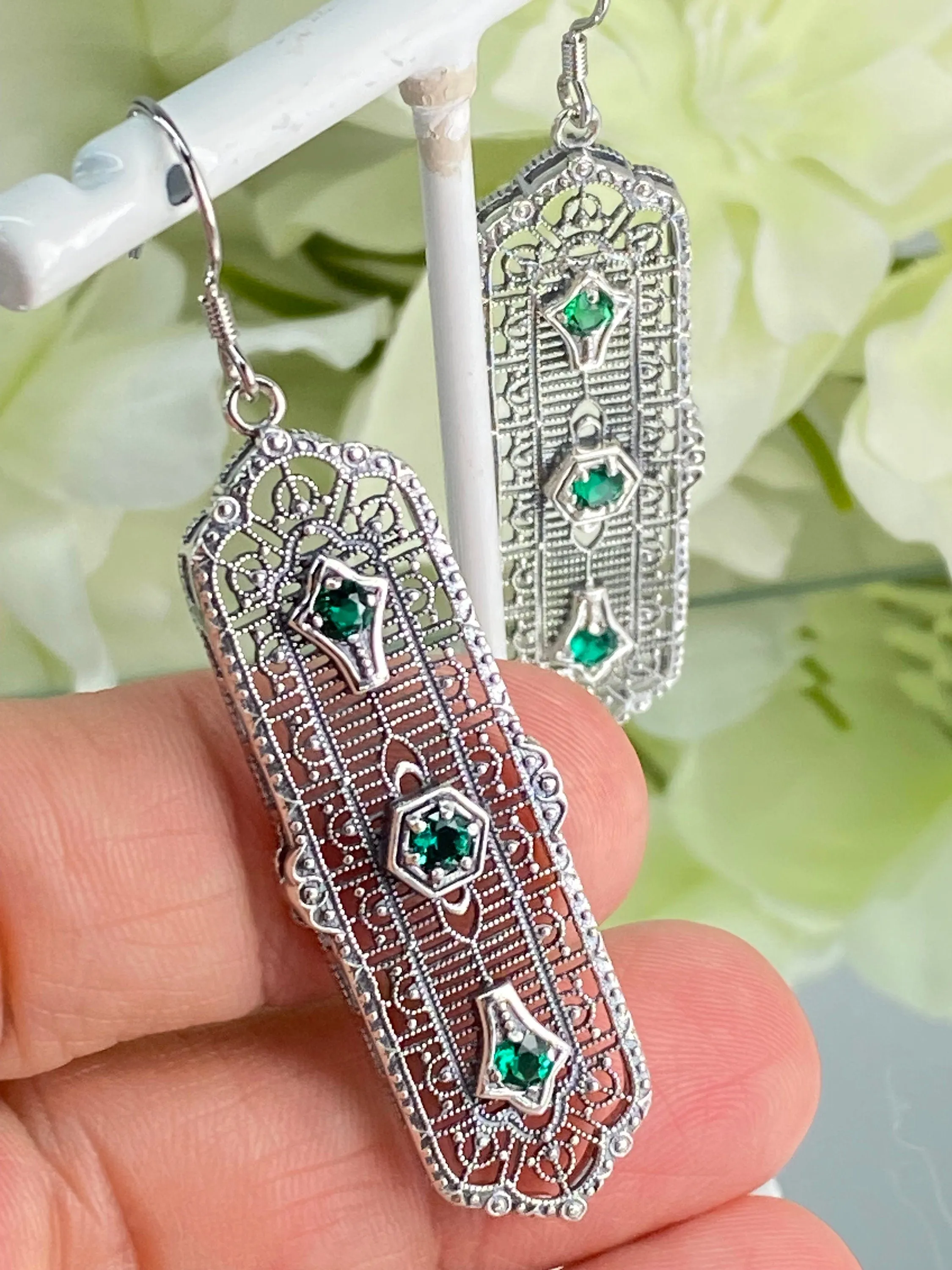 Natural Emerald Earrings, Edwardian Filigree, 3-Kings Earrings E197 - Ready to Ship