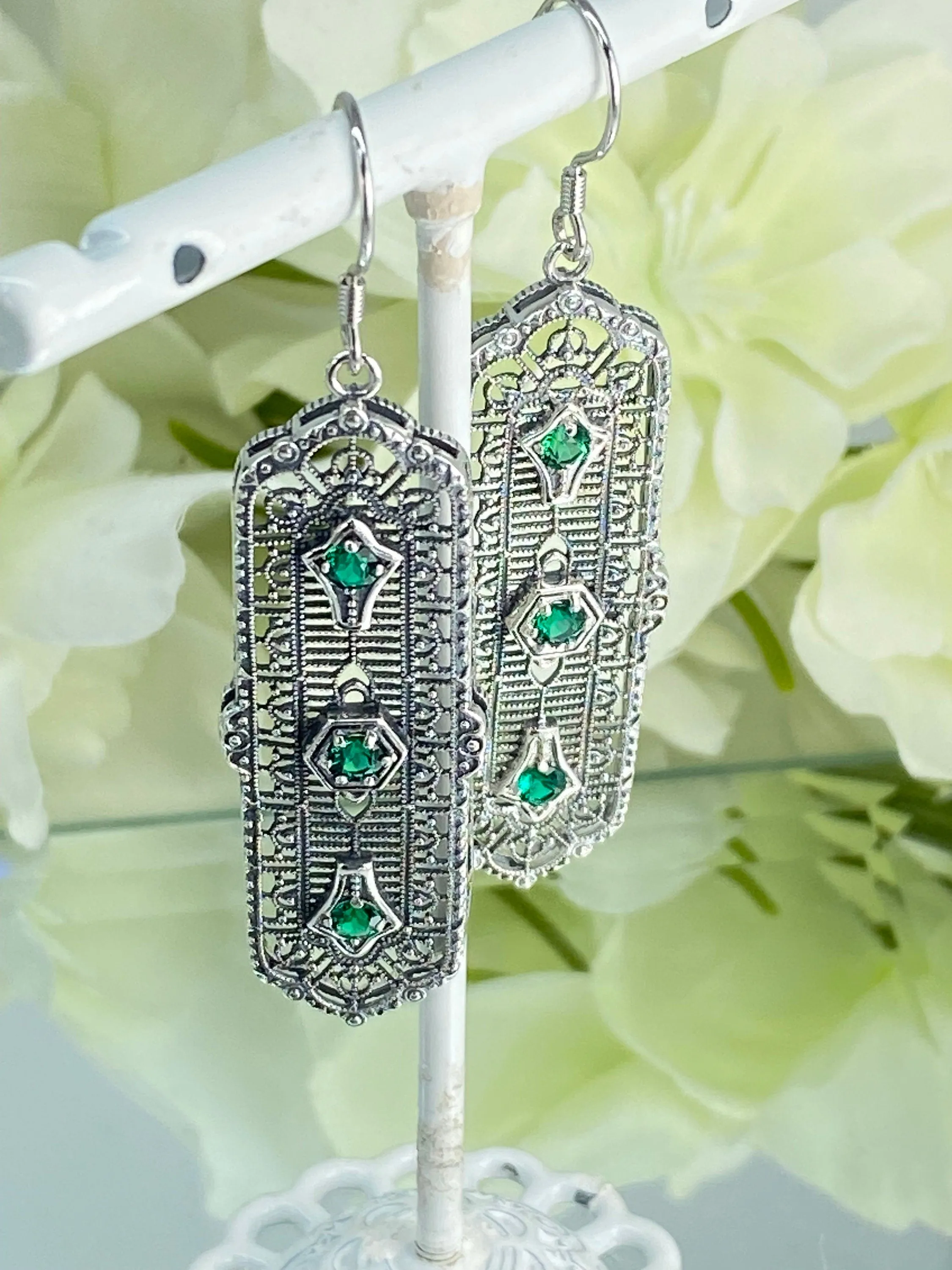 Natural Emerald Earrings, Edwardian Filigree, 3-Kings Earrings E197 - Ready to Ship
