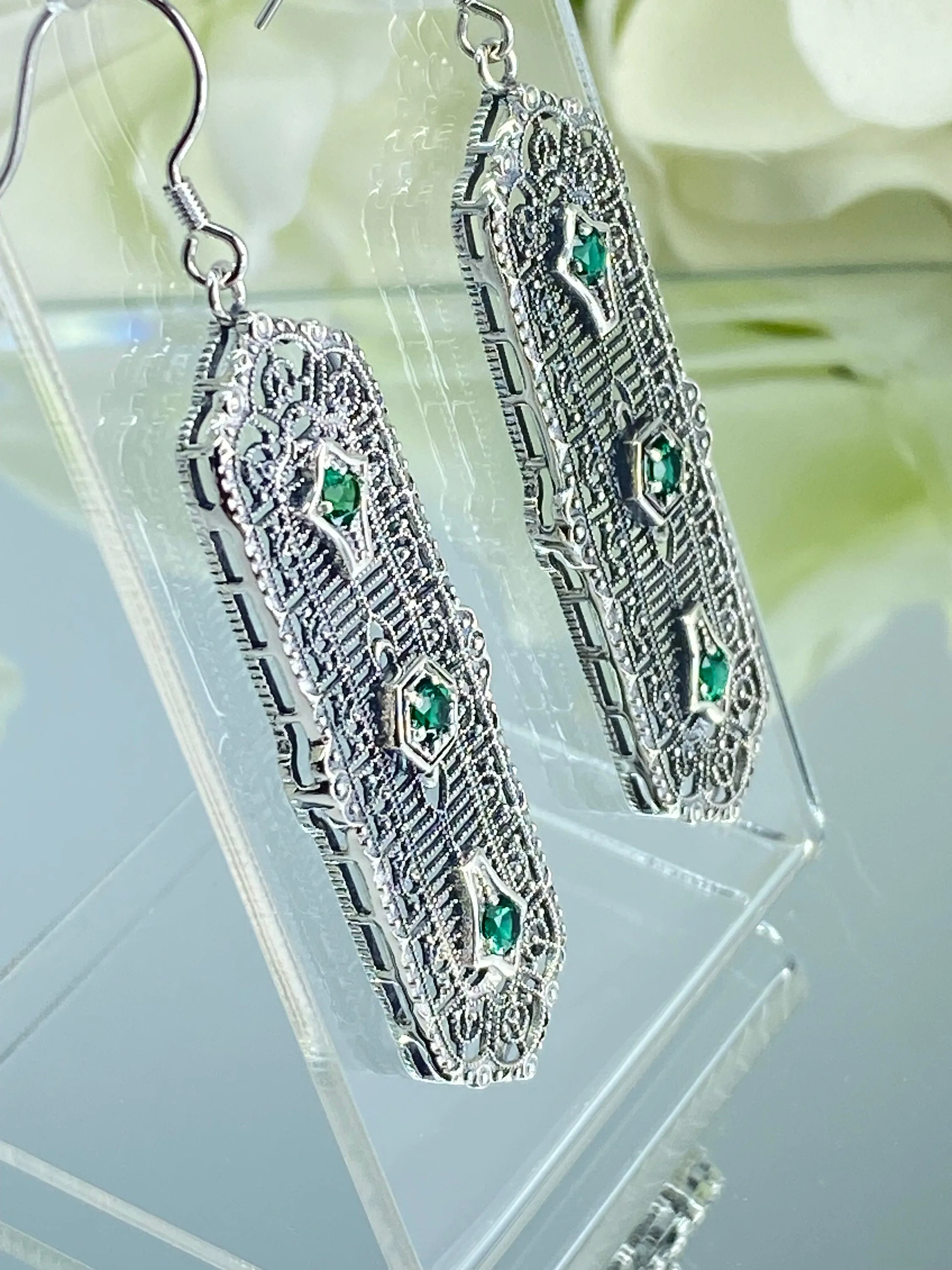 Natural Emerald Earrings, Edwardian Filigree, 3-Kings Earrings E197 - Ready to Ship