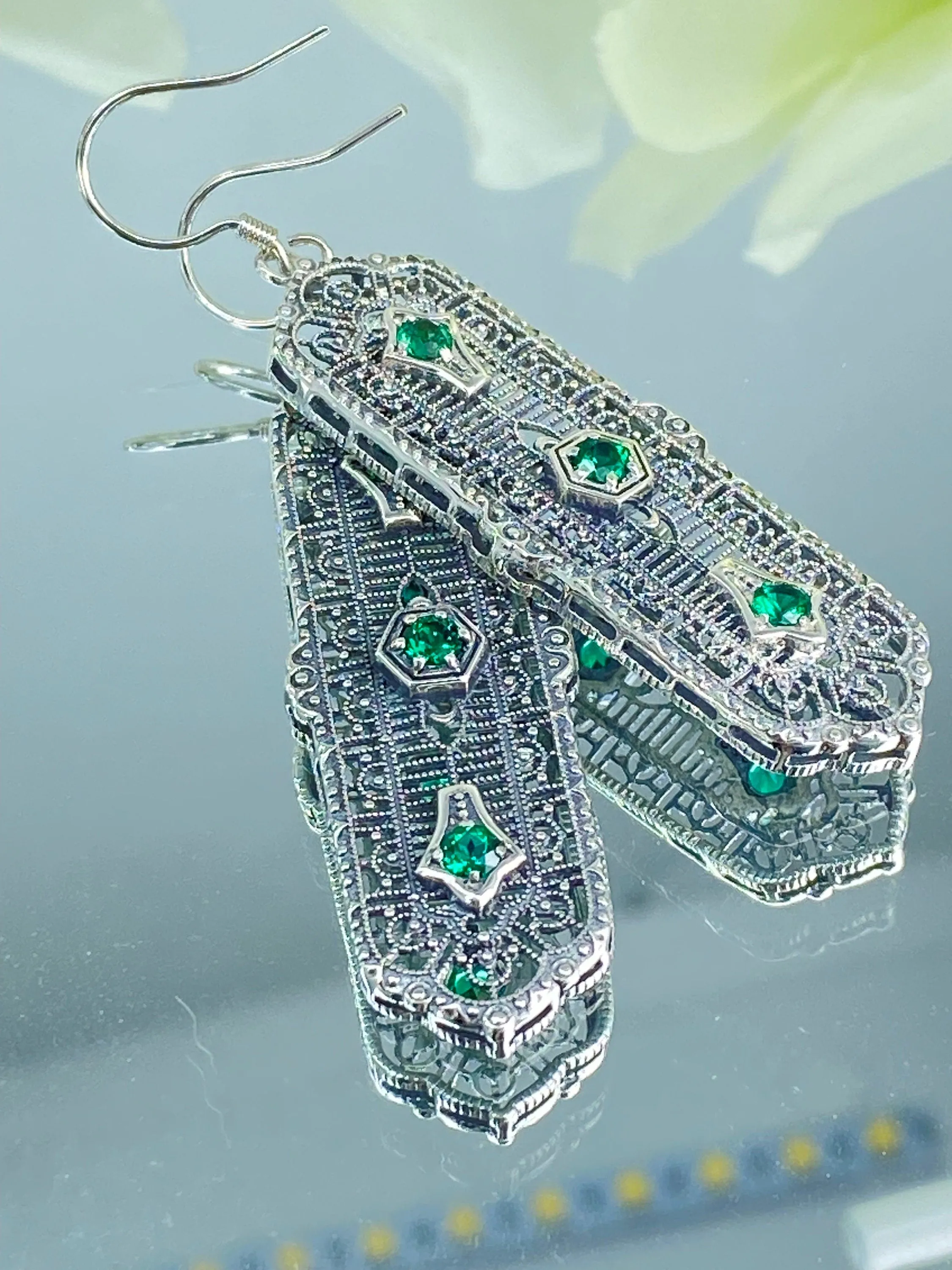 Natural Emerald Earrings, Edwardian Filigree, 3-Kings Earrings E197 - Ready to Ship