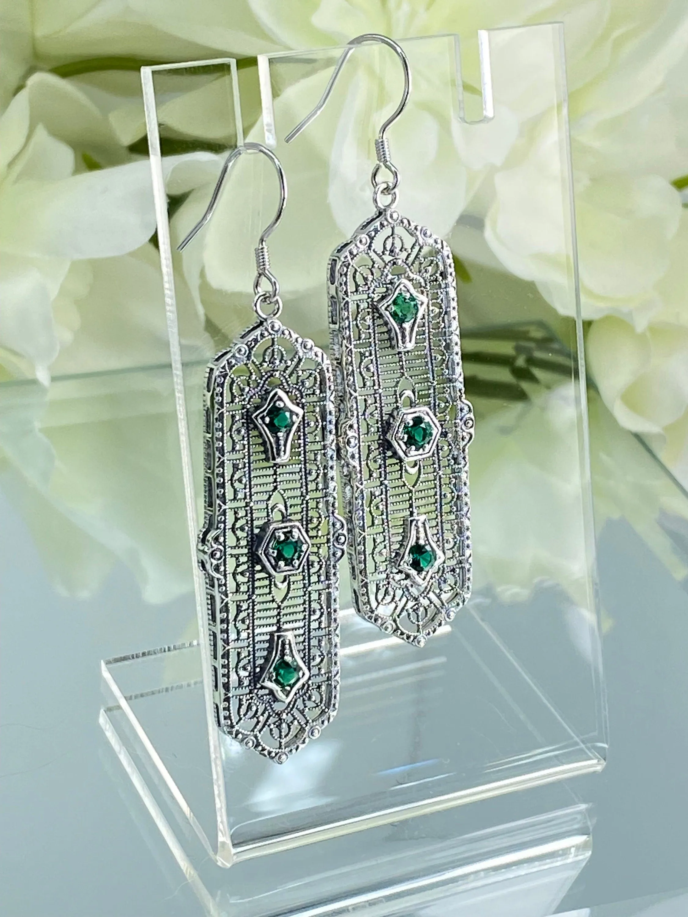 Natural Emerald Earrings, Edwardian Filigree, 3-Kings Earrings E197 - Ready to Ship