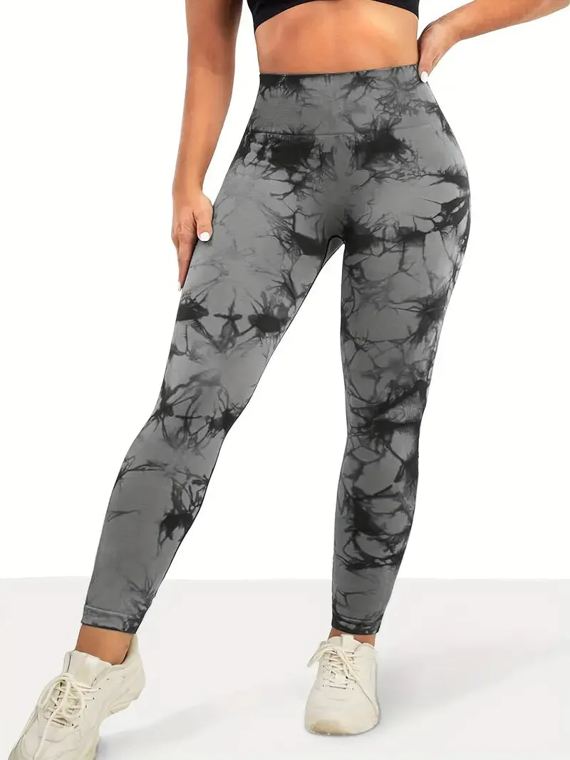 NEW High Waist Peach Hip Tie-Dye Yoga Capri Leggings, Breathable Sports Fitness Athletic Pants, Stretchy Gym Activewear, Sz L, Retails $114