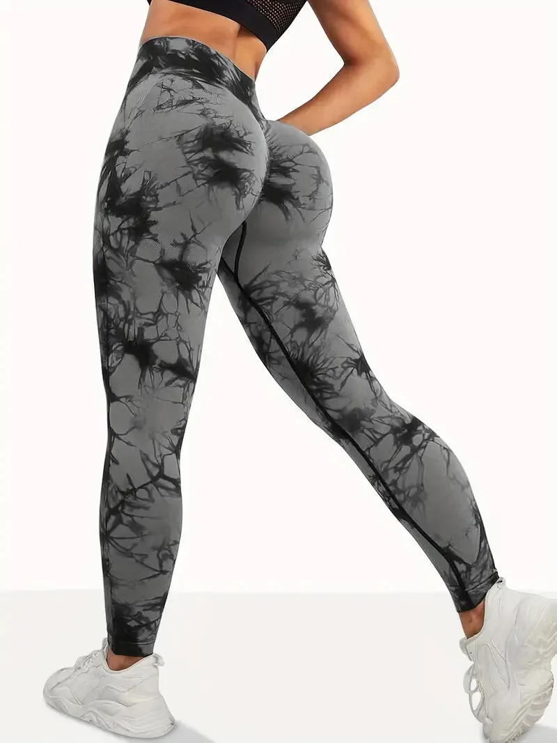 NEW High Waist Peach Hip Tie-Dye Yoga Capri Leggings, Breathable Sports Fitness Athletic Pants, Stretchy Gym Activewear, Sz L, Retails $114