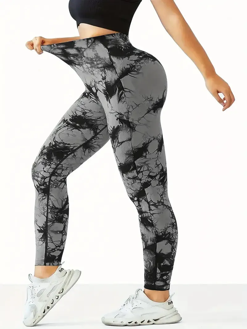NEW High Waist Peach Hip Tie-Dye Yoga Capri Leggings, Breathable Sports Fitness Athletic Pants, Stretchy Gym Activewear, Sz L, Retails $114