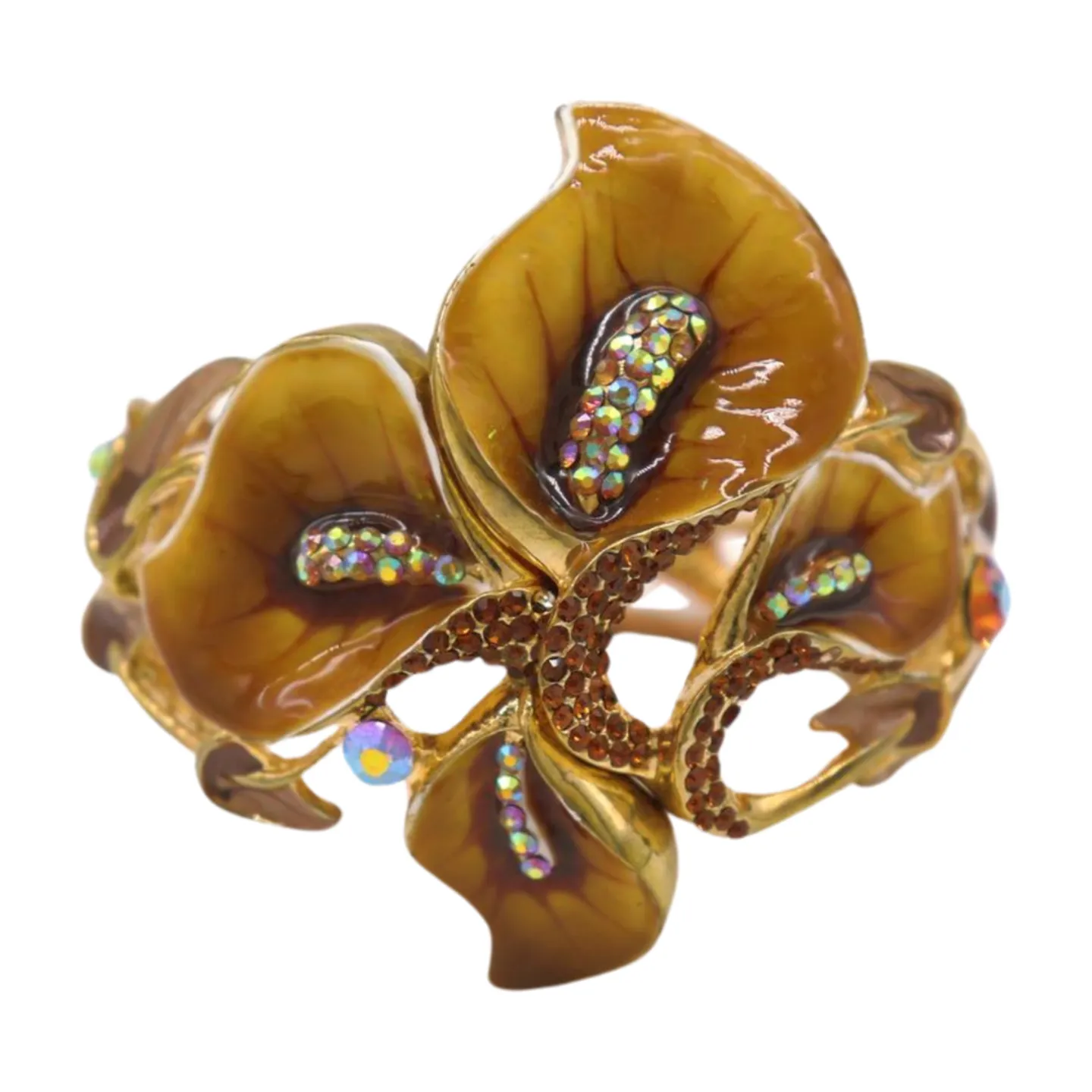 New Women Gold Metal Big Lily Brown Flower Wrist Cuff Bracelet Fancy Fashion Jewelry