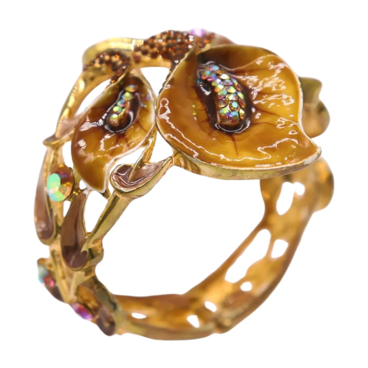 New Women Gold Metal Big Lily Brown Flower Wrist Cuff Bracelet Fancy Fashion Jewelry