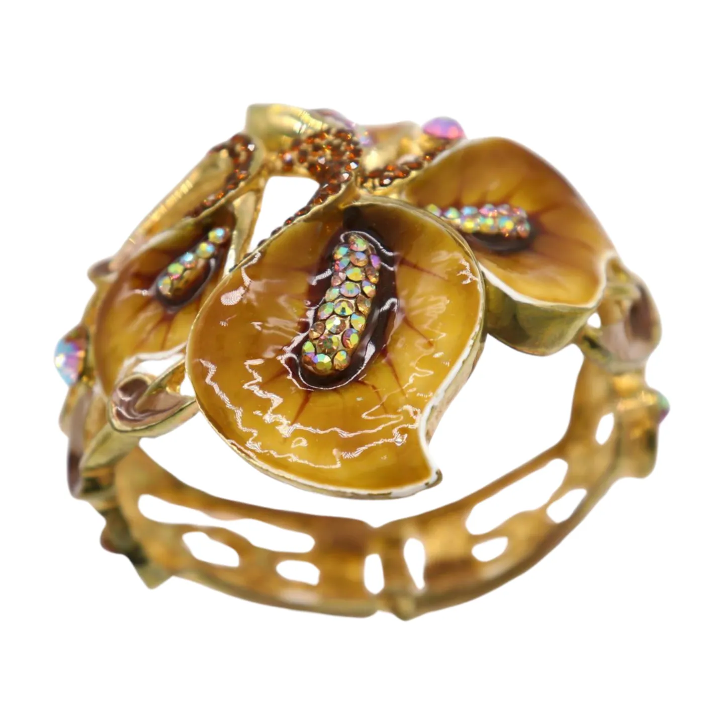 New Women Gold Metal Big Lily Brown Flower Wrist Cuff Bracelet Fancy Fashion Jewelry