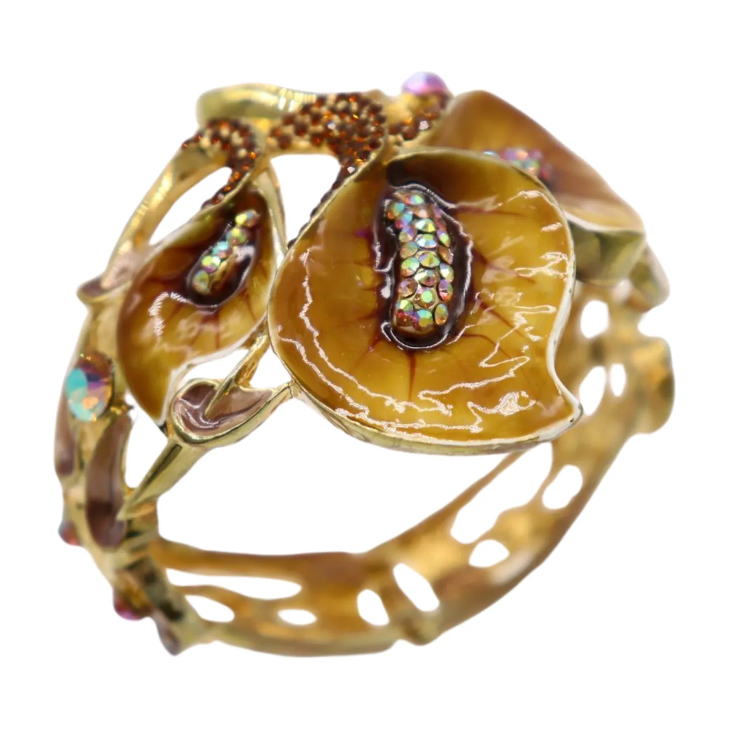 New Women Gold Metal Big Lily Brown Flower Wrist Cuff Bracelet Fancy Fashion Jewelry