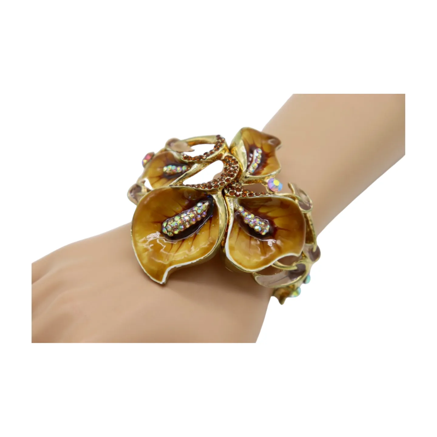 New Women Gold Metal Big Lily Brown Flower Wrist Cuff Bracelet Fancy Fashion Jewelry