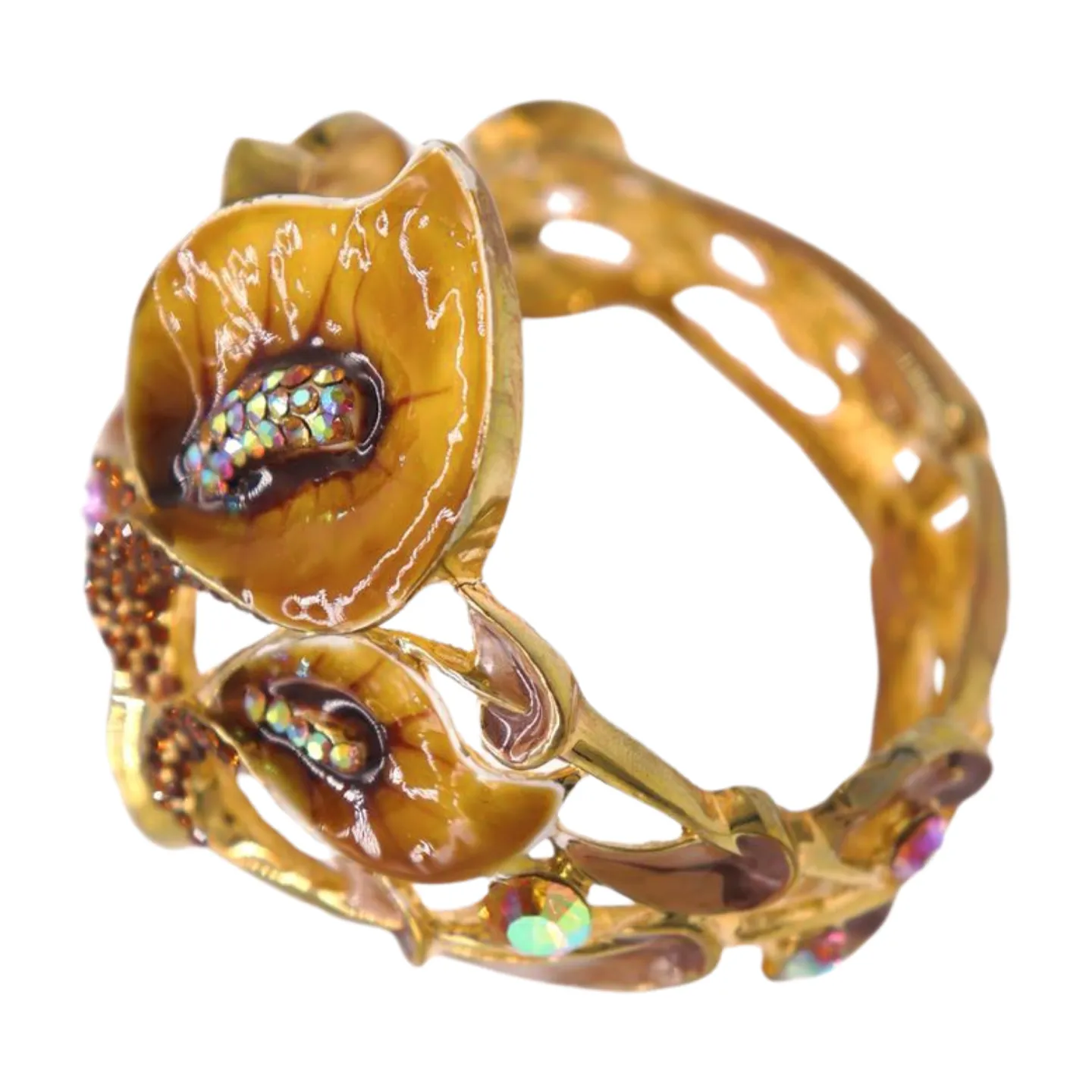 New Women Gold Metal Big Lily Brown Flower Wrist Cuff Bracelet Fancy Fashion Jewelry