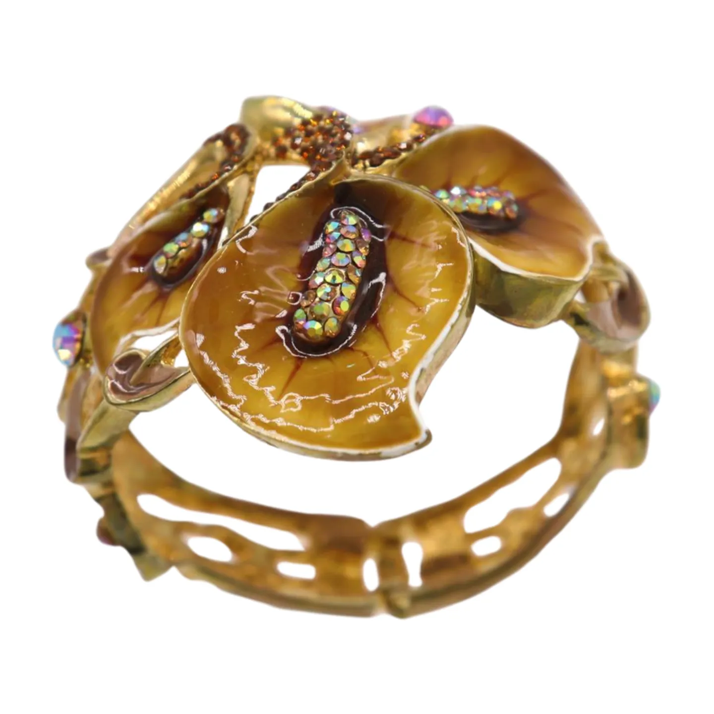New Women Gold Metal Big Lily Brown Flower Wrist Cuff Bracelet Fancy Fashion Jewelry