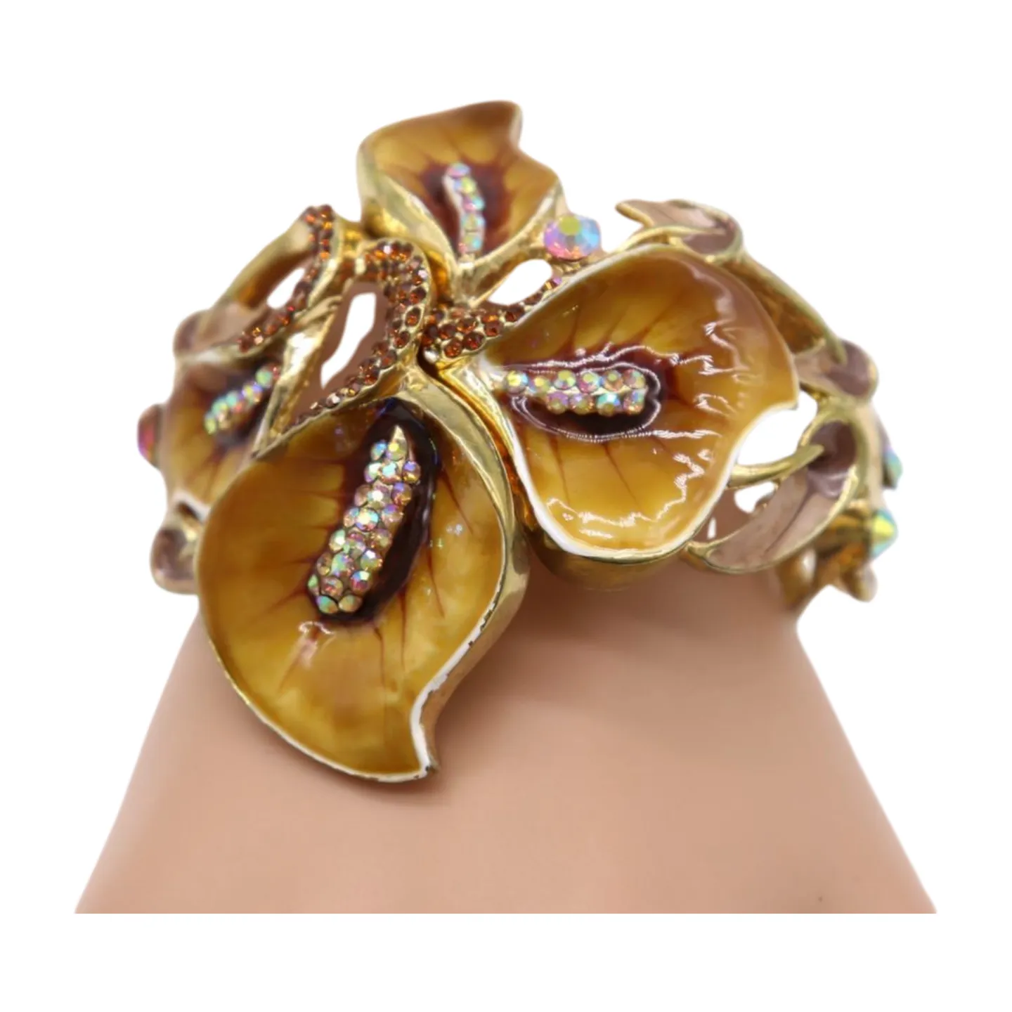 New Women Gold Metal Big Lily Brown Flower Wrist Cuff Bracelet Fancy Fashion Jewelry