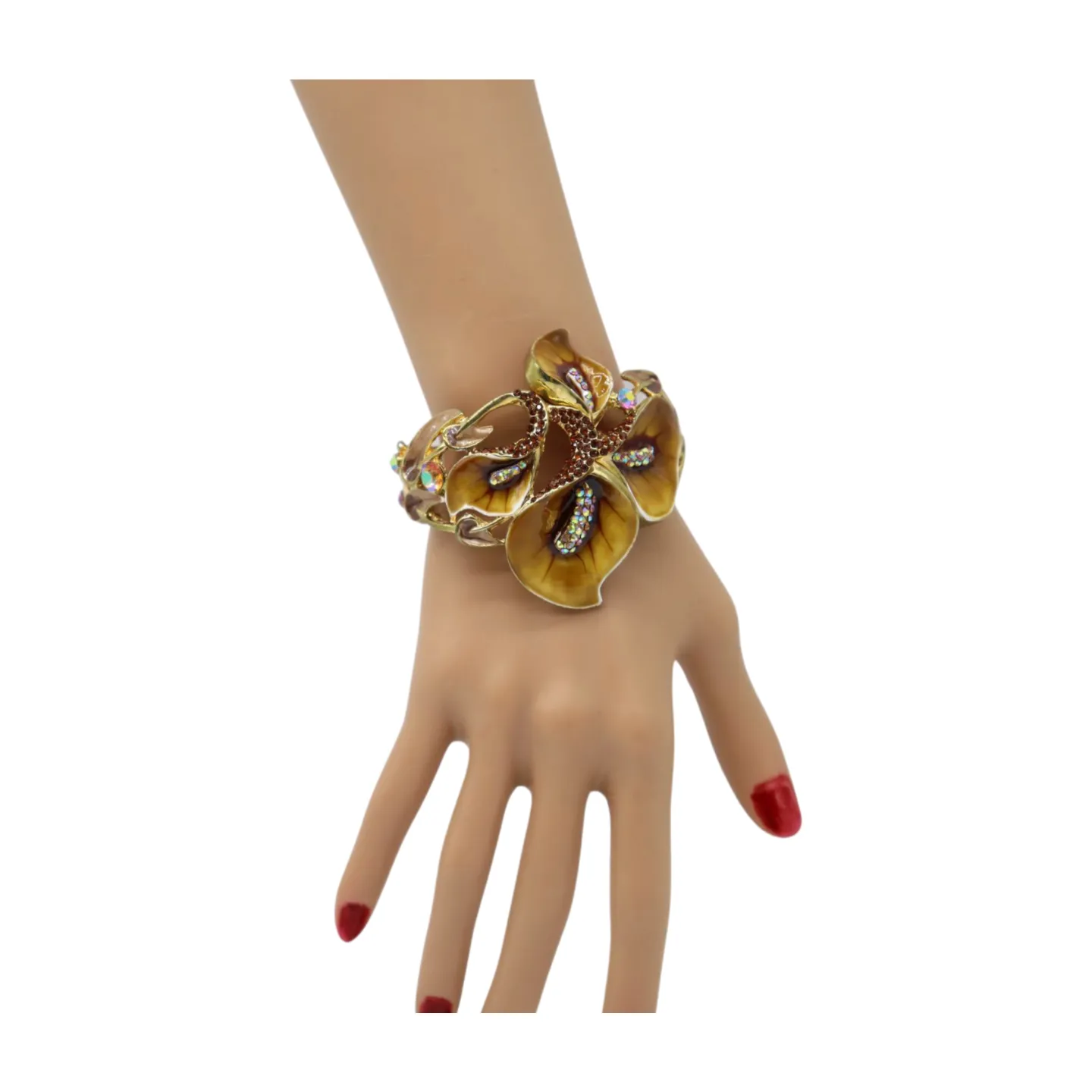 New Women Gold Metal Big Lily Brown Flower Wrist Cuff Bracelet Fancy Fashion Jewelry