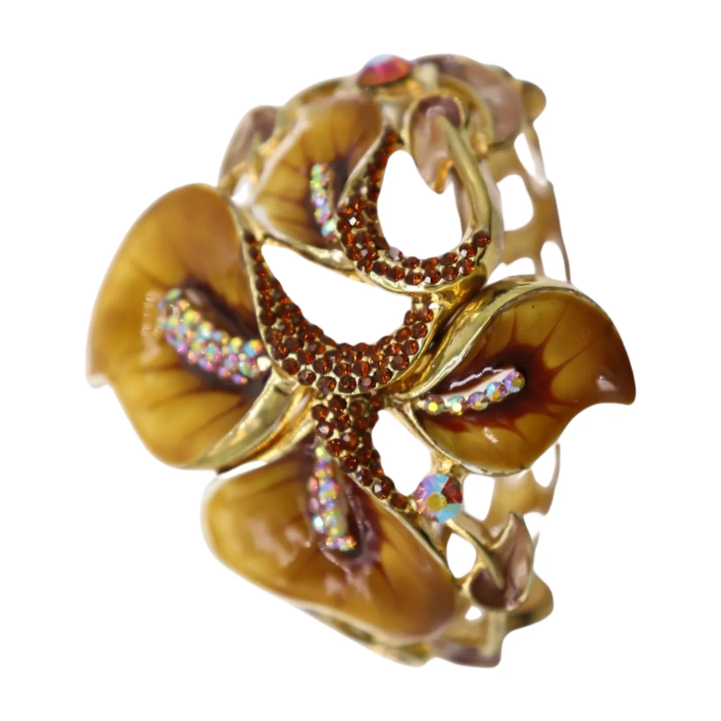 New Women Gold Metal Big Lily Brown Flower Wrist Cuff Bracelet Fancy Fashion Jewelry