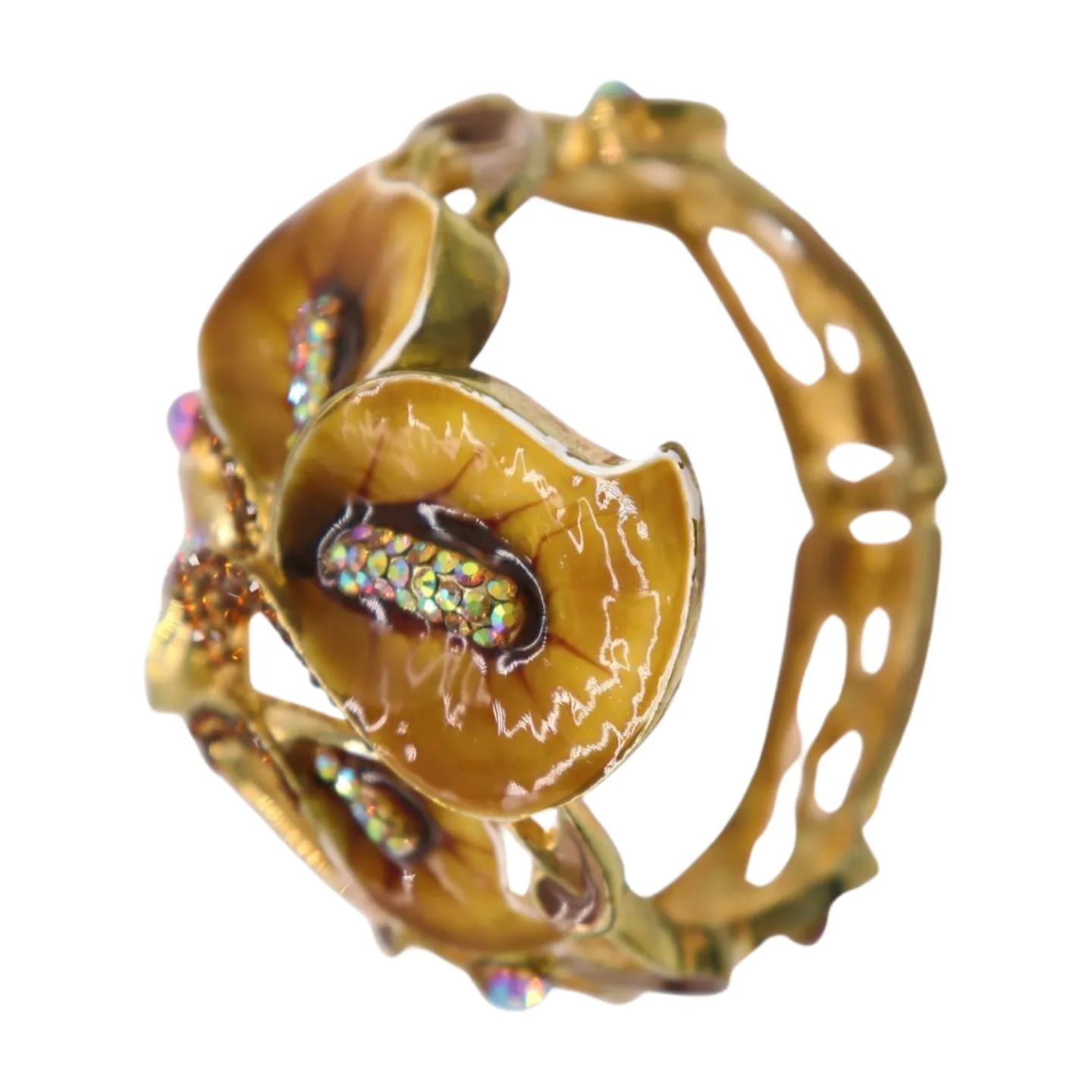 New Women Gold Metal Big Lily Brown Flower Wrist Cuff Bracelet Fancy Fashion Jewelry