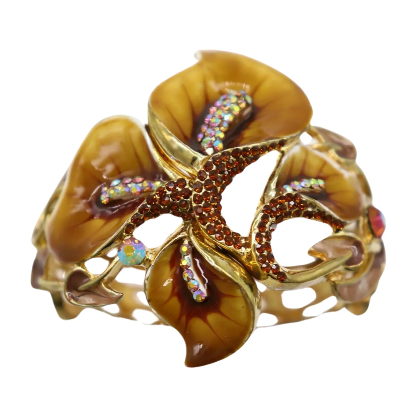 New Women Gold Metal Big Lily Brown Flower Wrist Cuff Bracelet Fancy Fashion Jewelry